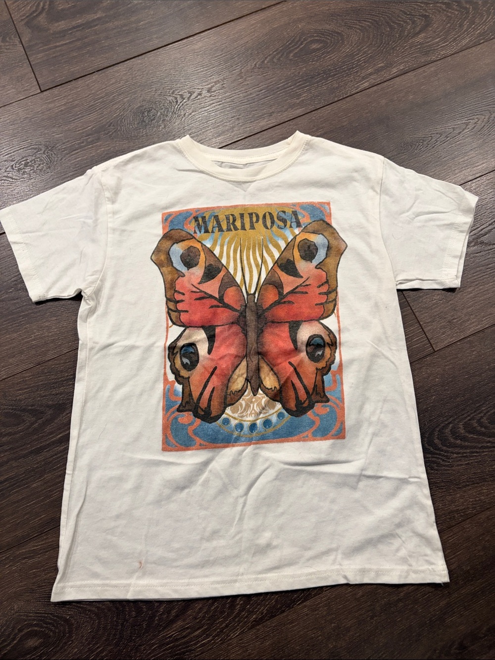 Mighty Fine White T-Shirt with Orange & Blue Mariposa Butterfly Graphic
